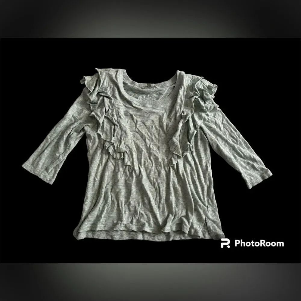 SEVEN7 SEVEN 7 Gray Olive Green Ruffle Shoulder Sleeve Elbow Length Dressy Top L
